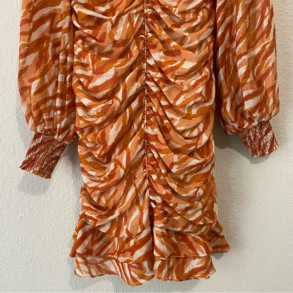 NWT Esmaee Feline Ruched Mini Dress Small Orange White Stripe Print Ruffle Party - Picture 5 of 10